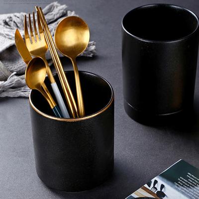 Frosted Chopstick Tube, Ceramic Black Crystal Glaze Knife, Fork And Spoon Storage Tube, Light Luxury Round Ornament, Household Storage