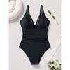 Women's Sexy One Piece Swimsuit Deep V Neck Sheer Mesh Backless Tummy Control Solid Color Monokini Summer Beach Bathing Suit Swimwear
