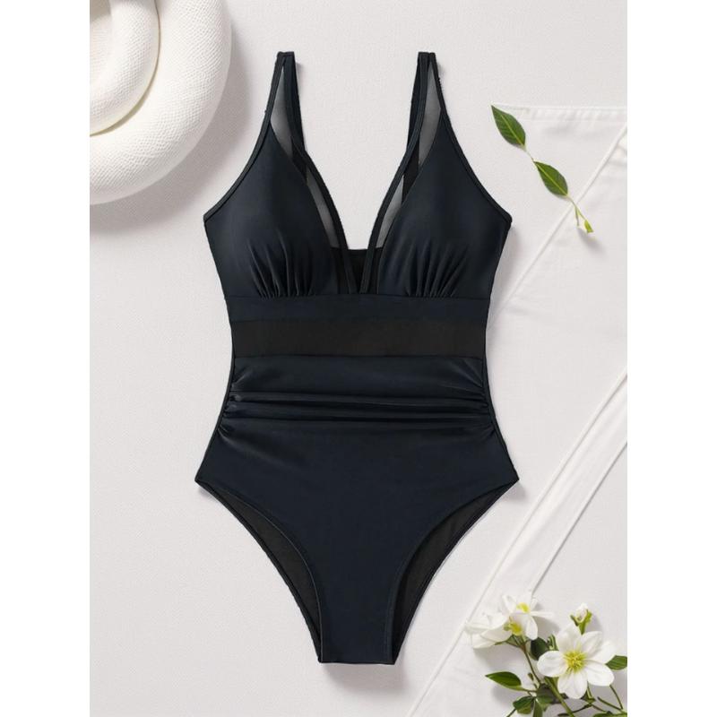 Women's Sexy One Piece Swimsuit Deep V Neck Sheer Mesh Backless Tummy Control Solid Color Monokini Summer Beach Bathing Suit Swimwear