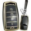 SANRILY Golden-Edge 4 Button Key Fob Cover Fit for Genesis G70, G80, G90 2017-2020 Keyless Full Coverd Smart Key Case with Leather Keychain Black