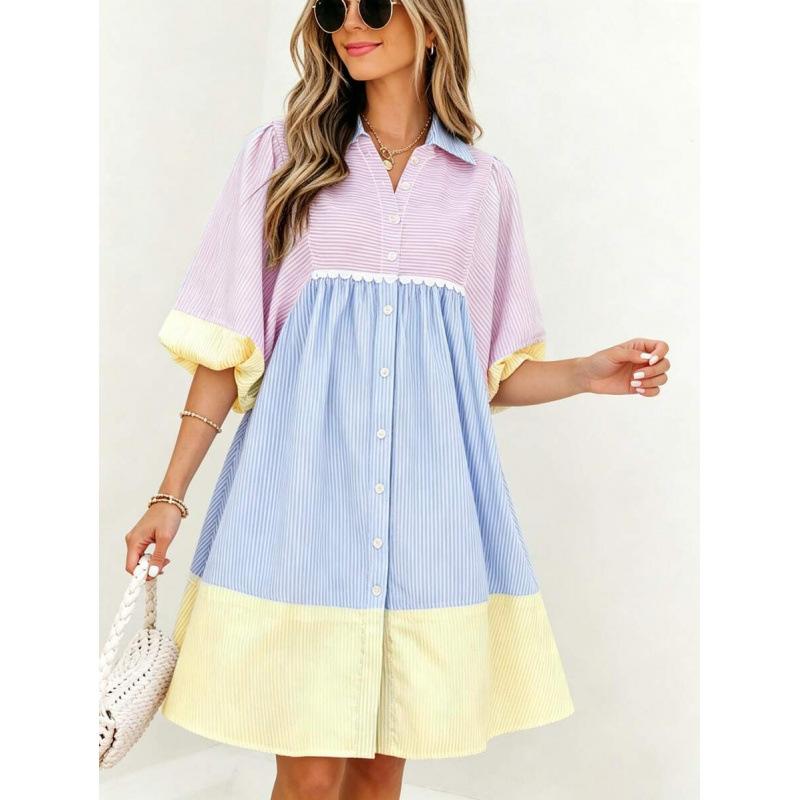 European elegant fashion sweet color stripes contrasting color splicing lace design sense dress women S