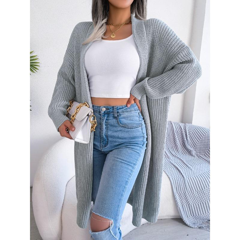 Solid Color Knitted Cardigan Women's Long Sleeved Sweater Jacket Thick Warm Knitted Long Coat with Flip Collar Autumn and Winte