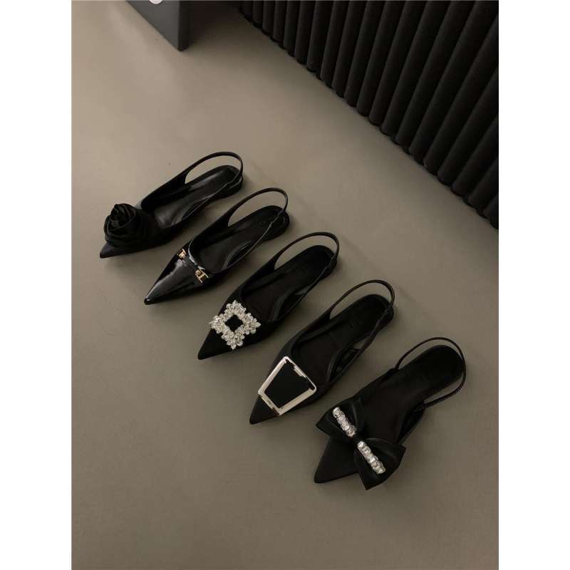 Evening Wind Rhinestone Bow Pointed Black Flat Shoes French Bag Head Sandals 2025 Spring New Women's Shoes Slippers