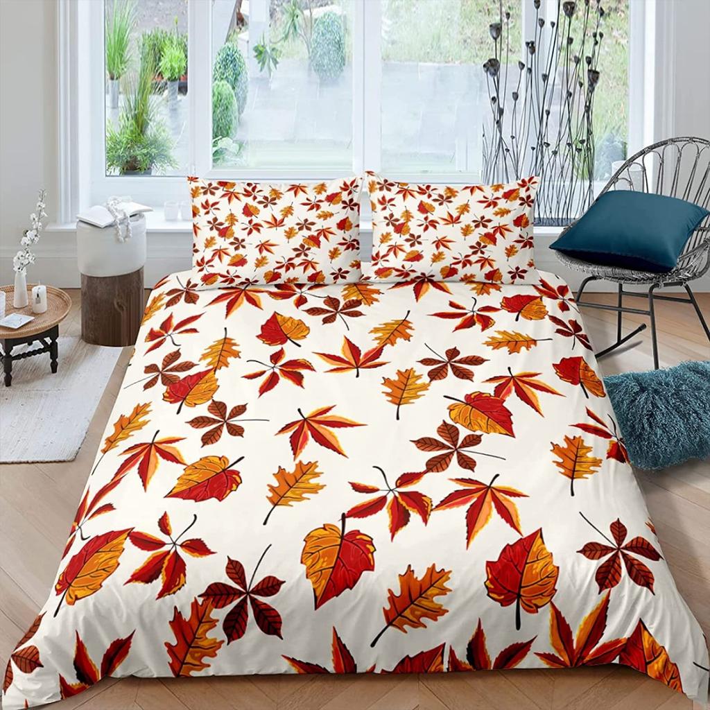 Maple Leaf Duvet Cover Queen Autumn Leaves Bedding Set Old Wooden Plank Vintage Comforter Cover for Boys Adults Room/Cabin Decor