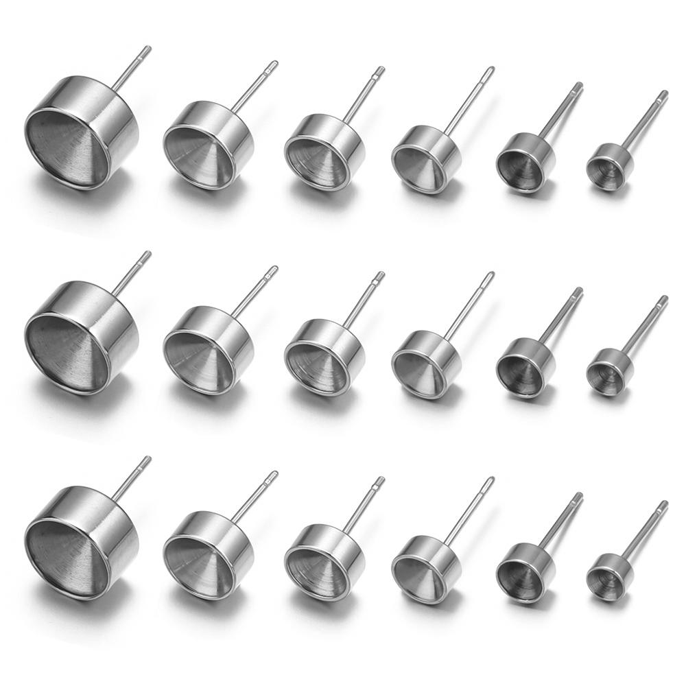 20Pcs Stainless Steel Blank Base Round Tray Post Stud Earrings Settings Fit 4 5 6 7 8 10mm Cabochon For DIY Earrings Jewelry