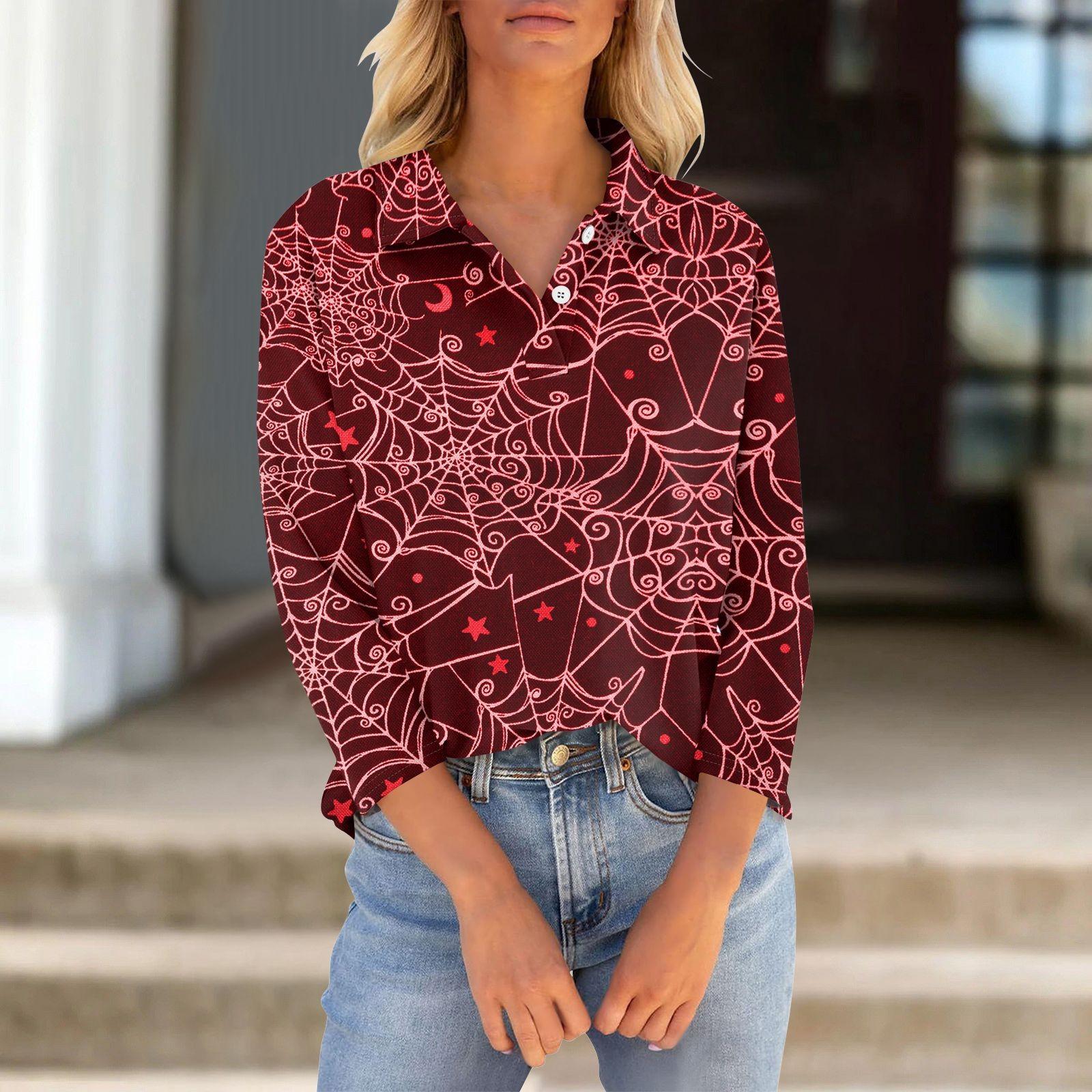 

Женская футболка с рукавами семь четвертей, V-образным вырезом, застегивающаяся на пуговицы, с принтом свободного кроя на Хэллоуин XXL красный