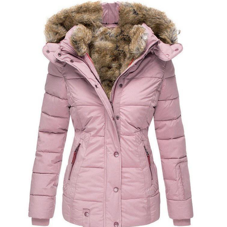 Winter Warmer Baumwollmantel mit Pelzkragen für Damen mit Reißverschluss und langen Ärmeln, schmaler Baumwollmantel mit Kapuze