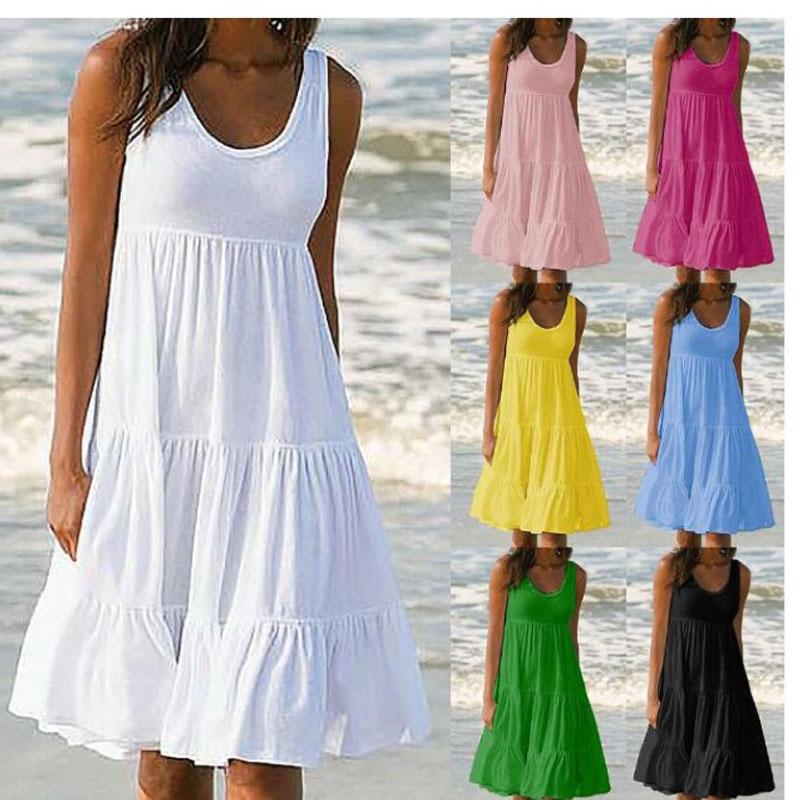 Summer Women's Plus Size Women O-Neck Sleeveless Ruffles Mini Dress Boho Solid Beach Sundress Oversized Loose Dress