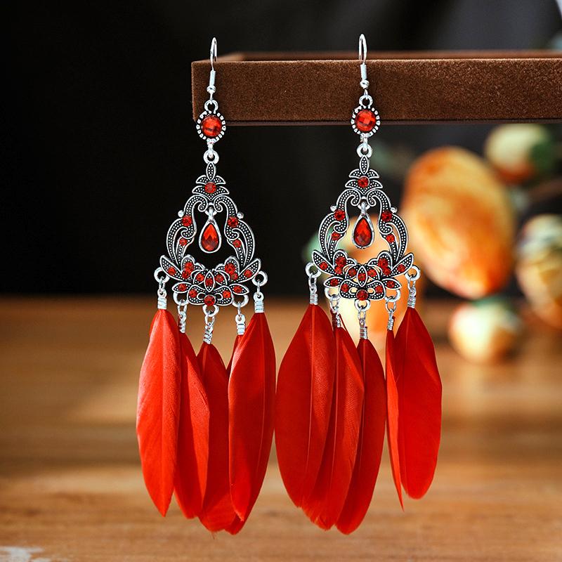 Modische Böhmische Bunte Federohrringe für Damen Ethnischer Stil Lange Geometrische Ohrringe Damen Schmuck Accessoires Geschenk