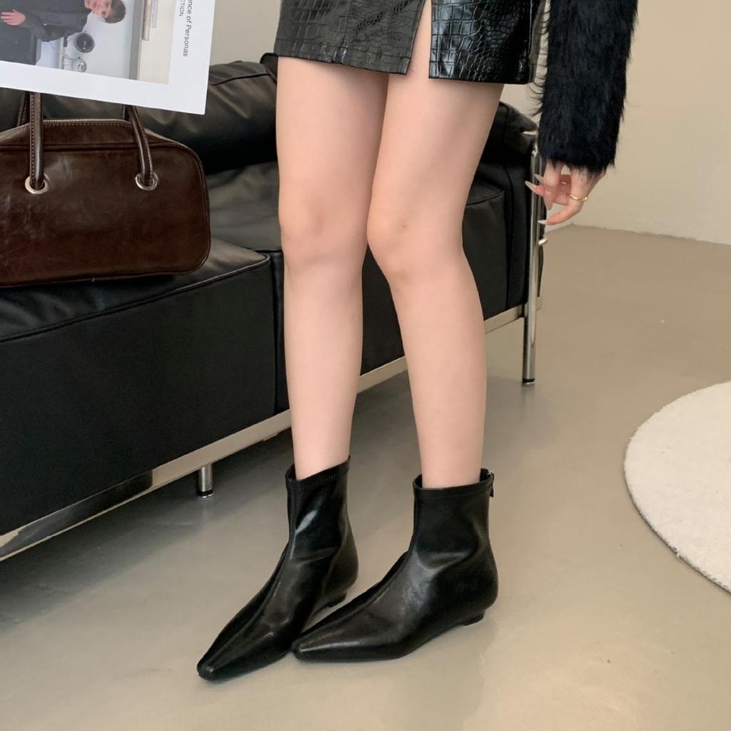 Pointed short boots women's thick heel thin boots versatile little fairy 2025 autumn and winter new soft leather mesh low heel Martin boots