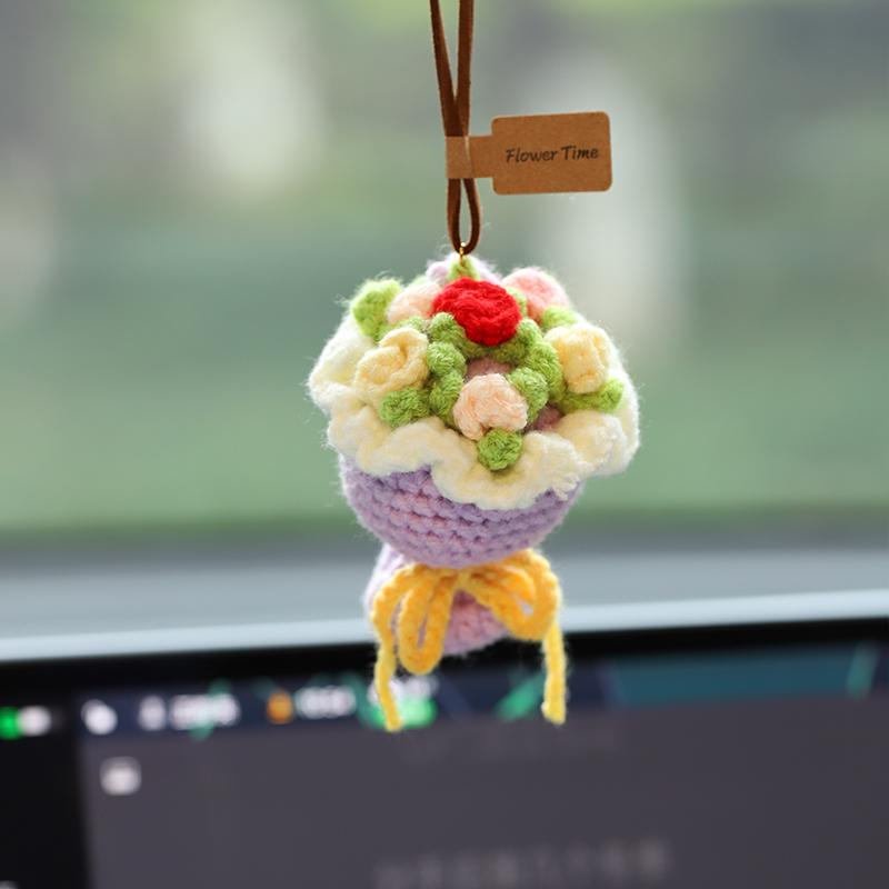 Woolen Rose Car Air Freshener Pendant - Rearview Mirror Ornament for Girls' Car Interior Decoration