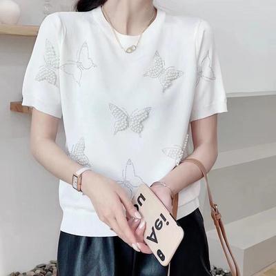Women's Summer 2025 Butterfly Rhinestone Knitted Top - Ice Silk Short Sleeve, Versatile Round Neck T-Shirt