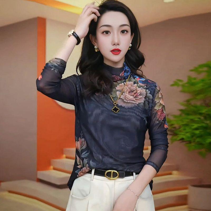 Beautiful Spring Temperament Mesh Blouse for Women with Long Sleeves and New Printed Bottoming Shirt, Beautiful Lace Slimming Top