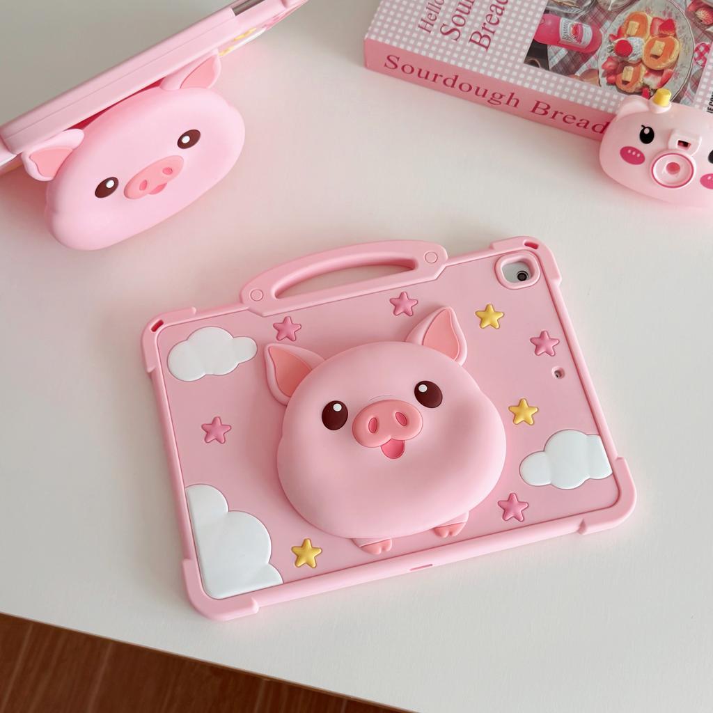 3D Cartoon Cute Pink Pig Silicone Tablet Case With Handle For iPad 12th 11 10 9 8 Ipad Pro Air M4 M3 M2 11inch A16 A19 2018-2026 M4 Kids Cover Stand