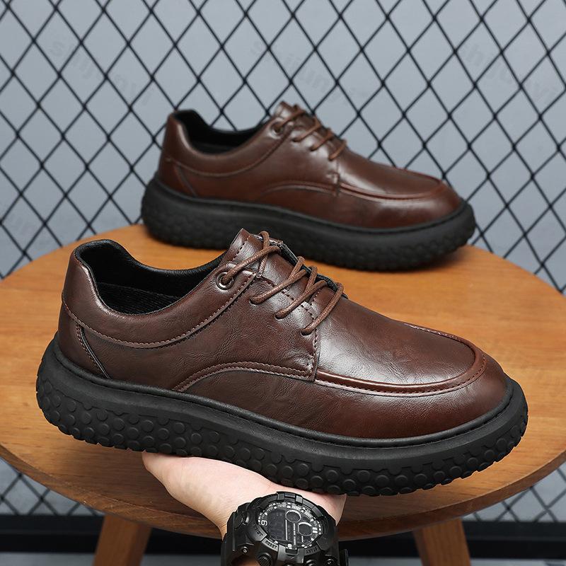 Men's Leather Shoes British Style Trendy Thick-soled Casual Shoes Anti-slip Wear-resistant Properties 2025 Autumn Black Loafers