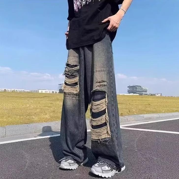 Damskie Retro Dżinsy z Szerokimi Nogawkami i Dziurami - Amerykański Styl Uliczny, Modne Spodnie Jesienne