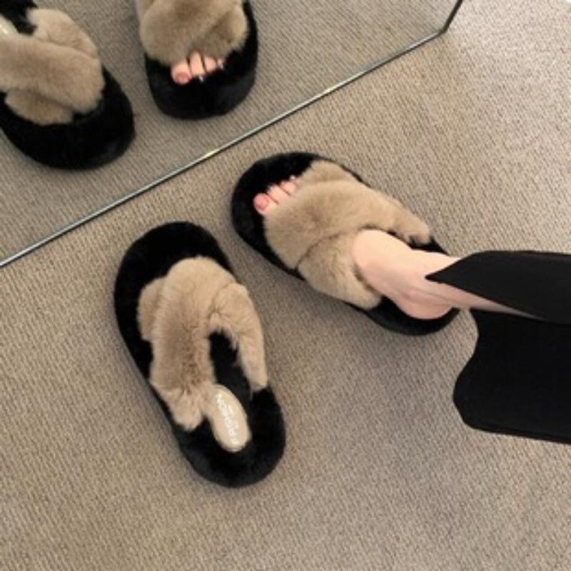 Thick-soled Fluffy Slippers for Women Wearing New Autumn and Winter Muffin Slippers Cotton Shoes