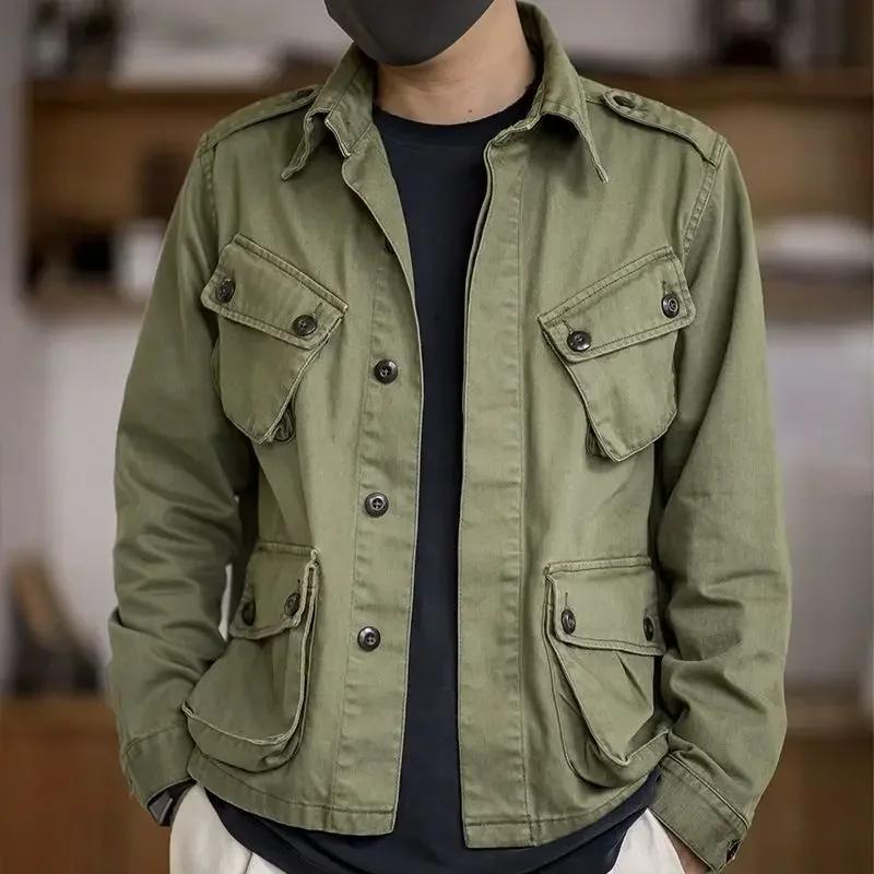 Bomber Jacket Men Multi-pockets Single Breasted Military Tactical Jacket Spring Autumn Windbreaker Solid Long Sleeve Retro Coat