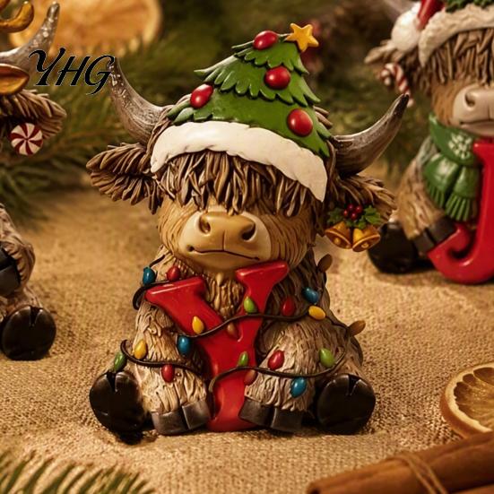 Stylish Home Decor Ornaments 3Pcs Christmas Highland Cow Figurine, Resin Yak Statues with JOY Letter Sign, Modern for Farmhouse Tabletop Ornaments,