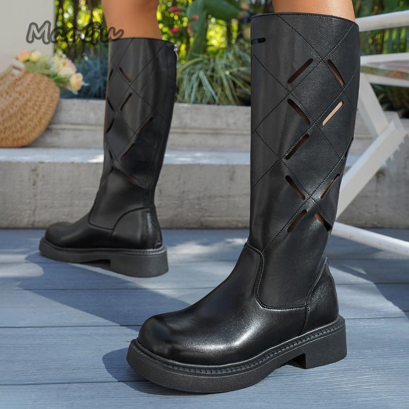 Fashion British Style Hollowed Out Knight Boots for Women Autumn New Thick Soled Knee-High Size 36-42 PU Black Beige Botas Largas Mujer