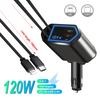 Einziehbares Autoladegerät, 4-in-1-Schnelllade-Autoladegerät 120 W, einziehbares Kabel und 2 USB-Anschlüsse, Autoladegerät-Adapter kompatibel