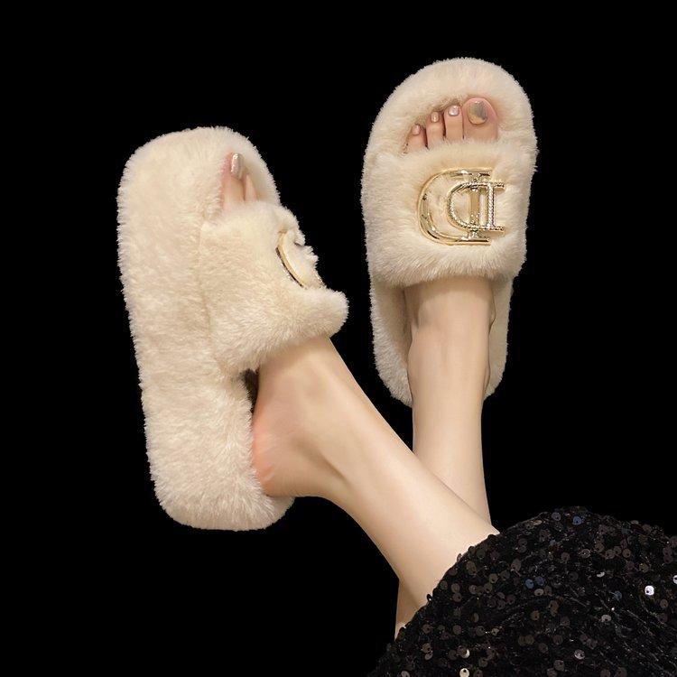 Thick-soled Letter Fluffy Cotton Slippers for Women To Wear Outside Autumn and Winter New Fashion Home Slippers for Women