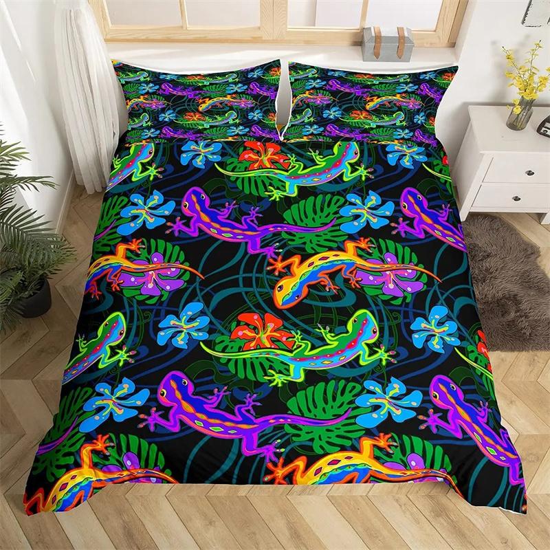 Lizard Duvet Cover Set Reptile Bedding Sets King Size for Boys Girls Toad Tropical Animal Purple Floral Exotic Comforter Cover