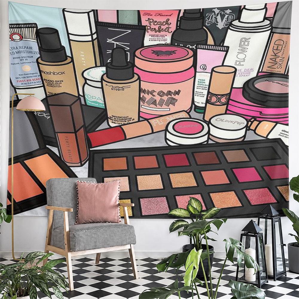 Colorful Makeup Products Illustration Pattern Wall Hanging Tapestry Decorative Tapestry Home Decor for Bedroom and Living Room