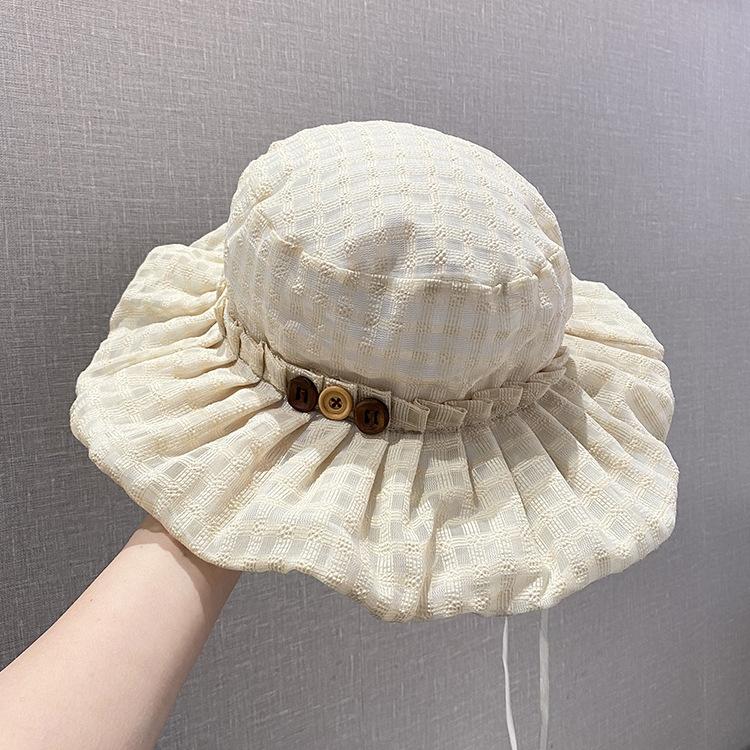 Women's New Sun Hats Korean Style Checkered Button Pleated Fisherman's Hat Thin Breathable Beach Sun Hat Spring Summer Cute Cap