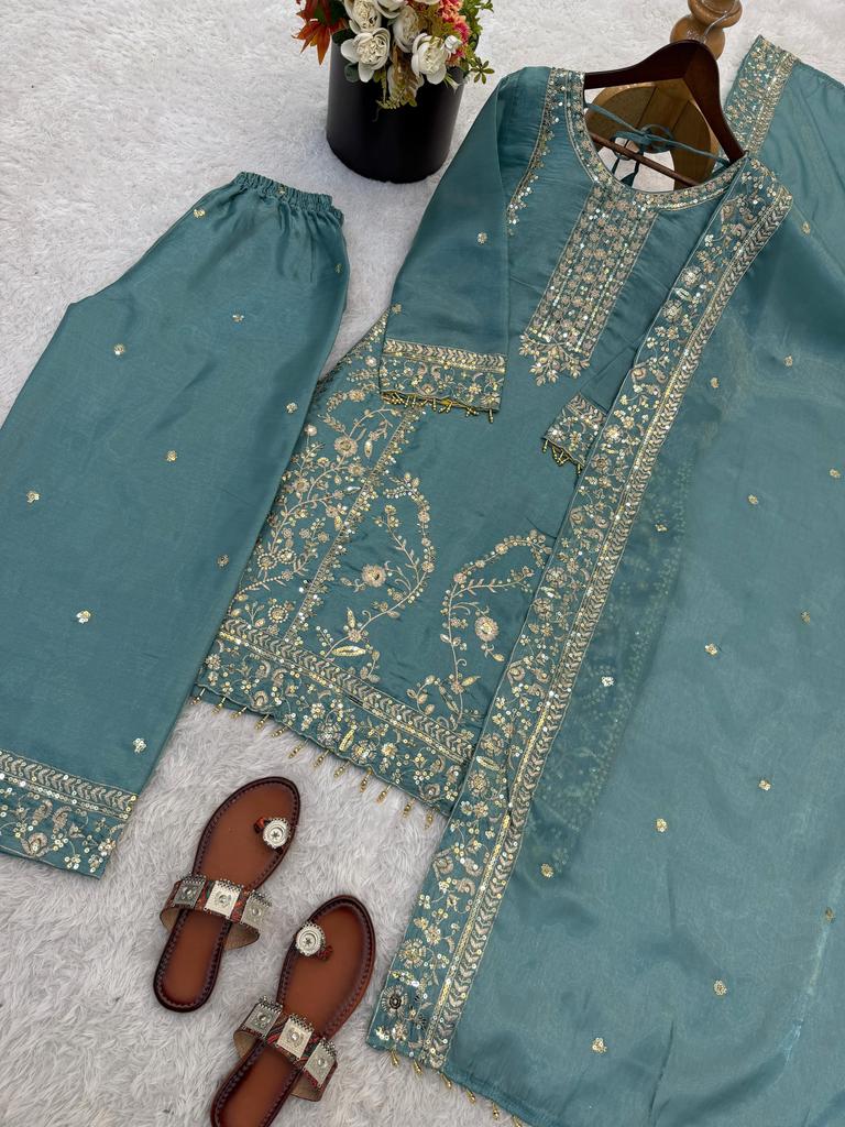 Beautiful Embroidered Gmy Silk Salwar Suit Palazzo Set Indian Women Bollywood Salwar Kameez