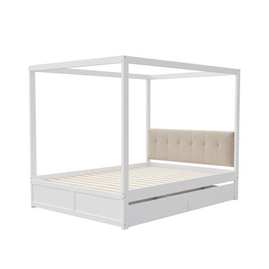Cama com Dossel 140x200cm com Gavetas Grandes e Cabeceira Macia, Cama de Quatro Postes, Cama de Madeira Branca, Forte Capacidade de Carga