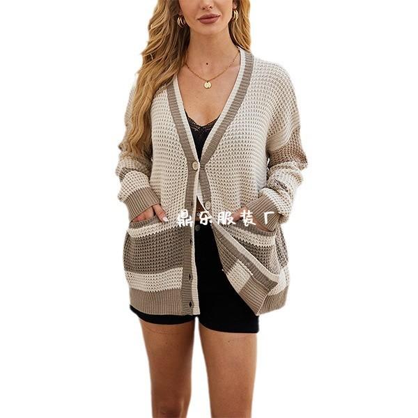New Autumn/winter Hot-selling Knit Jackets, Plus-size Pocket Color-block Cardigan, Sweaters for Women
