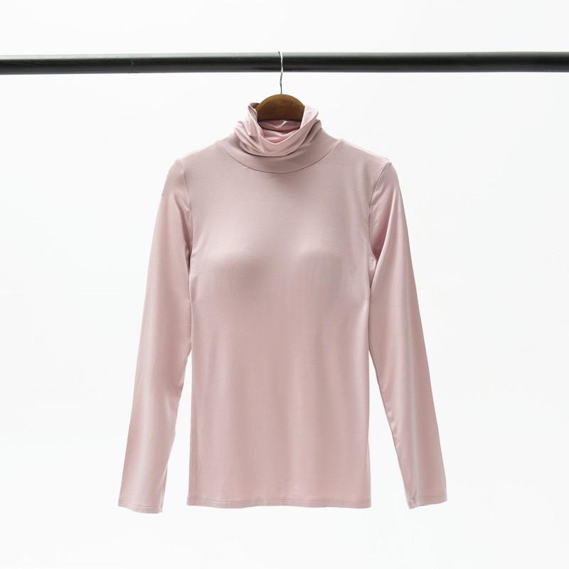 Damska wyściełana koszulka modalowa z wysokim dekoltem i długim rękawem z wbudowanym biustonoszem