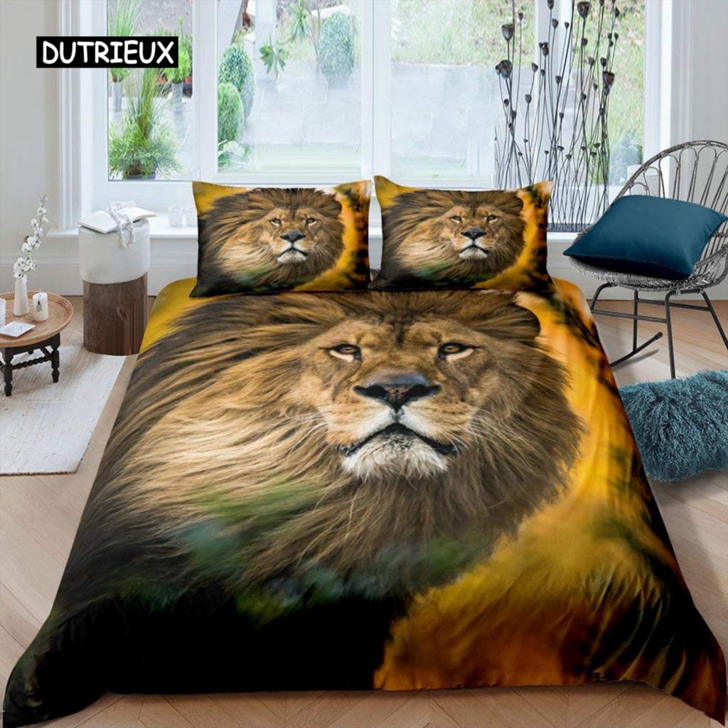 Lejon Påslakanset King Size Afrika Vilda Djur Storkatt Sängkläder Gyllene Lejon Vilar 2/3 Delar Barn Djur Enkelt Täcke Överdrag