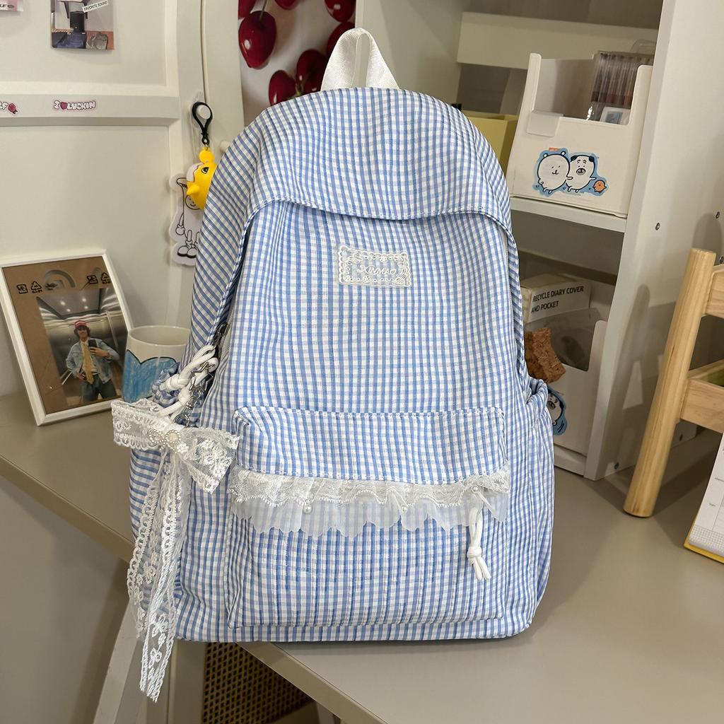 Schoolbag Milk Huhu Plaid Lace Backpack Girl Heart Travel Small Backpack Japanese Sweet Wind Student Party School Bag