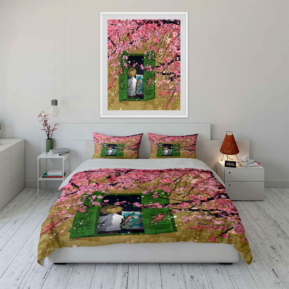 Spring Art Decor Set Bedding Set with 1 Duvet Cover 2 Pillowcases Single Double King Queen, Gift