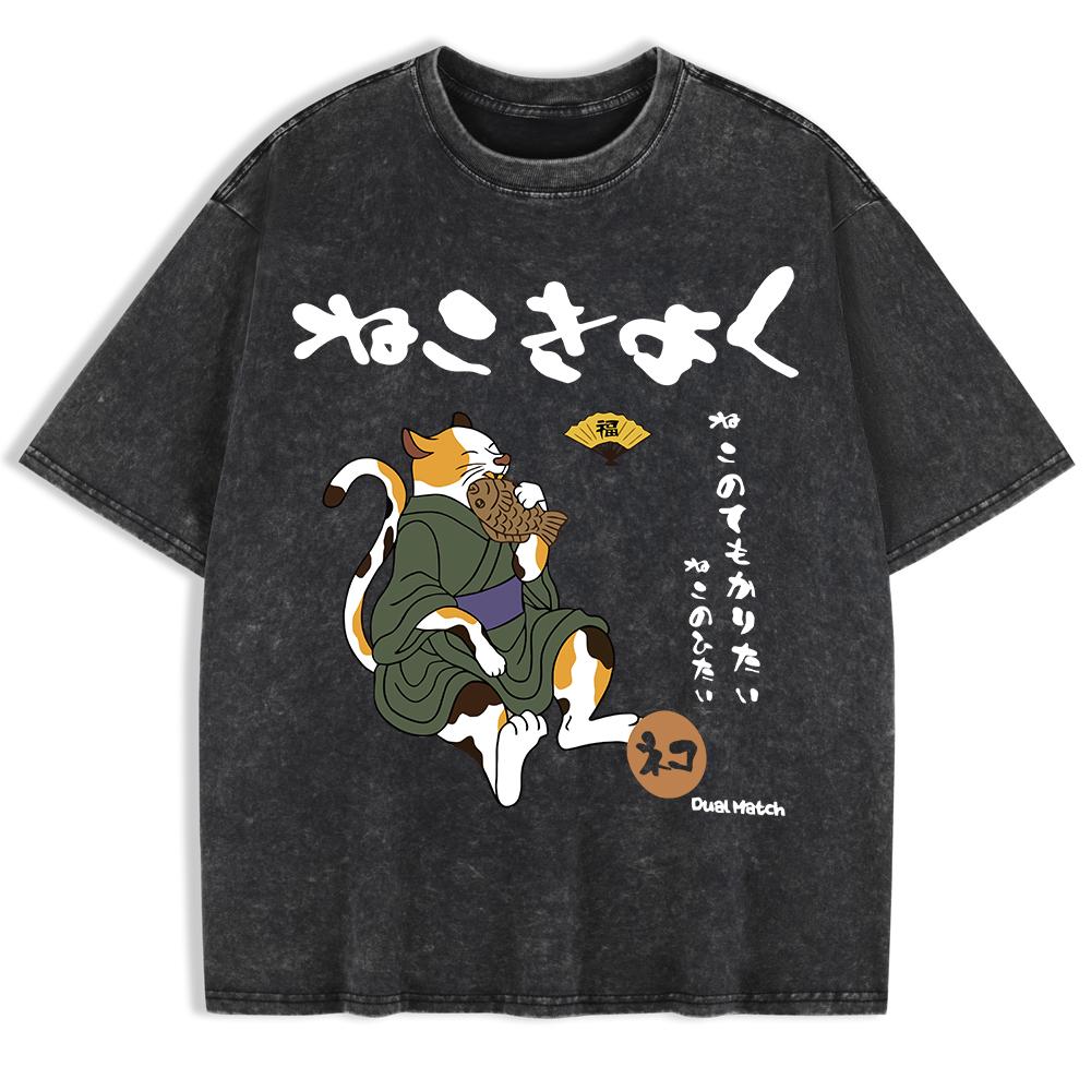 

Japan Harajuku Cat Prints Washed T-Shirts Mens Cotton Oversized T Shirt Summer Short Sleeve Tops O-Neck Men Clothes S