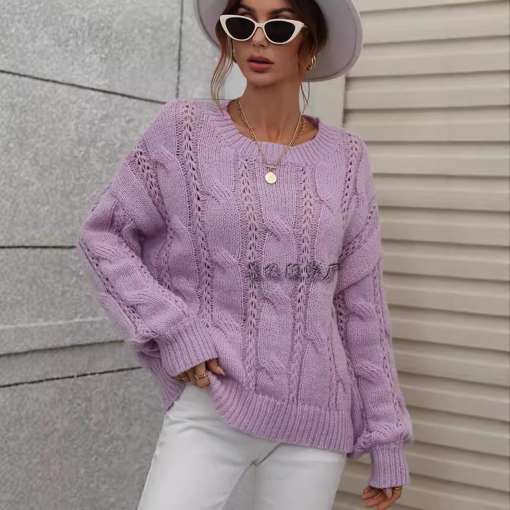 Autumn and winter new sweater twisted rope solid color loose large size crew neck knitted sweater women