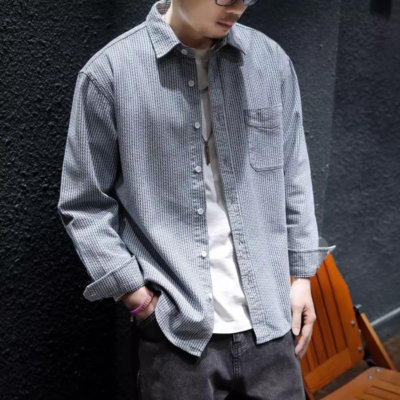 Men's Vintage Turtlenker Trendy All-Match Loose Casual Striped Long-Sleeved Denim Shirt