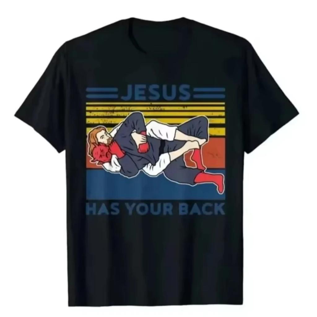 Jiu Jitsu T-Shirt Jesus Has Your Back BJJ MMA Jujitsu T-Shirt Casual Top Cotton Men's and Women's T-Shirt Harajuku Plus Size Top