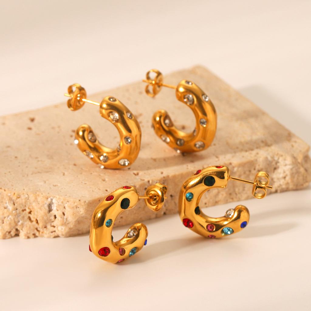 Unusual Shape 18K Gold Stainless Steel Studs with Zircon C-shaped Earrings for Women, High-end Titanium Steel Ear Jewelry