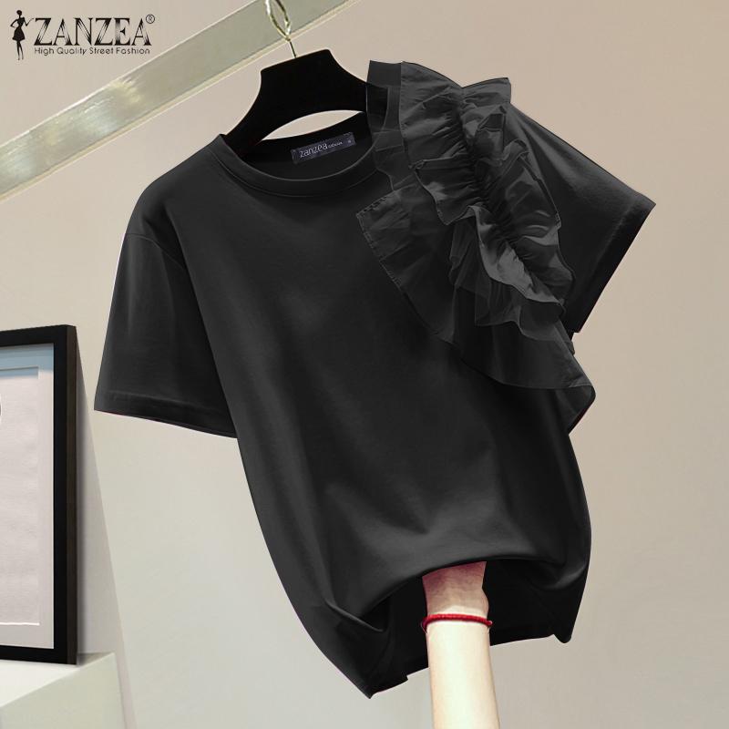 ZANZEA Kvinner Casual O-hals Kortermet Ruffles Patchwork Bluse