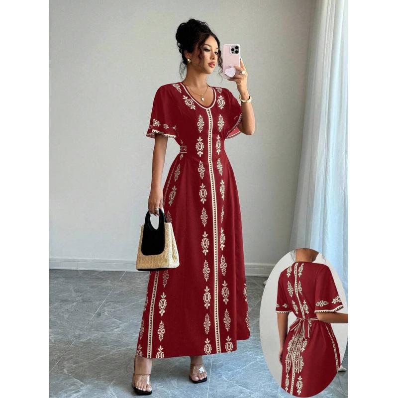 Europe, America 2026 summer new temperament elegant V-neck fashion printed short-sleeved dress women S
