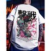 Men's Oversized Japanese Graphic Tee with Samurai Mask & Cherry Blossom Print, Soft Cotton Blend, Short Sleeve Crew Neck Streetwear for Casual Daily