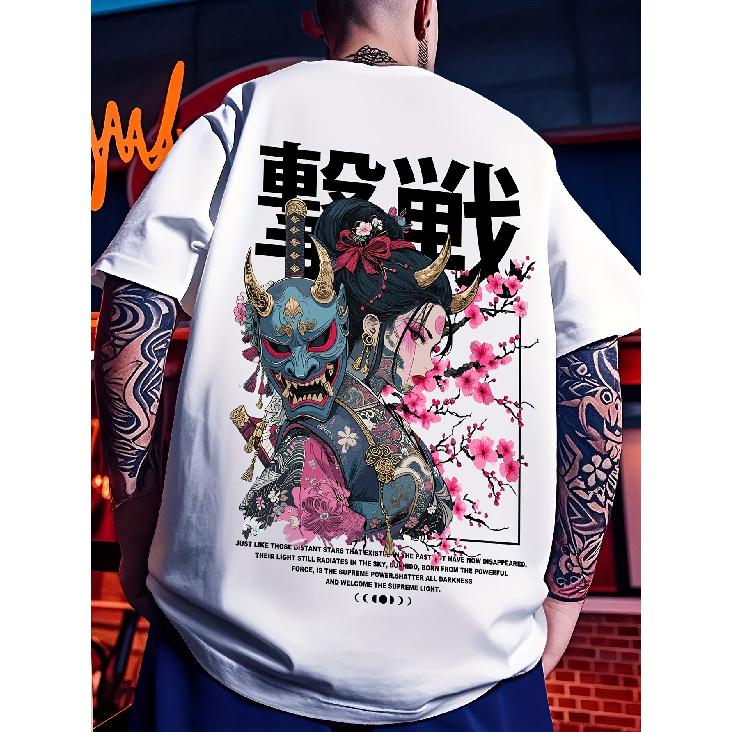 Men's Oversized Japanese Graphic Tee with Samurai Mask & Cherry Blossom Print, Soft Cotton Blend, Short Sleeve Crew Neck Streetwear for Casual Daily