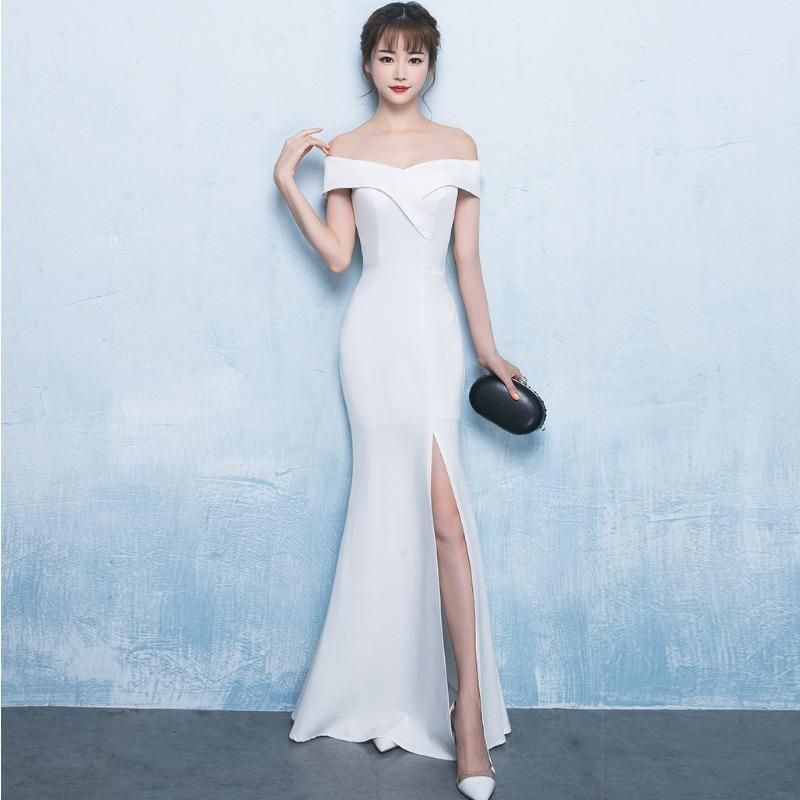 Banquet Evening Dress Chen Qixiong Elegant Long One-word Shoulder Fishtail Host Dress Long Dress