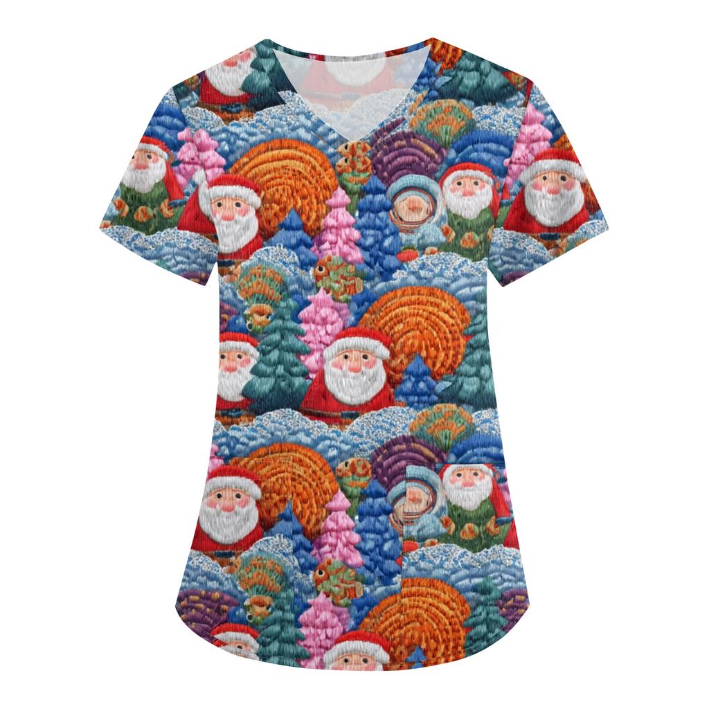 Women's Fashion V-Neck Short Sleeve Overalls With Pockets Christmas Printed Tops  Clothes