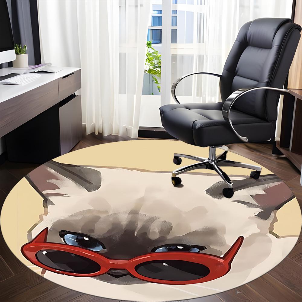 1PC Cat Sunglasses Office Round Area Rug, Mat Suitable ForOffice, Under Office Chairs Bedroom Living Room Home Decor, Room Deco