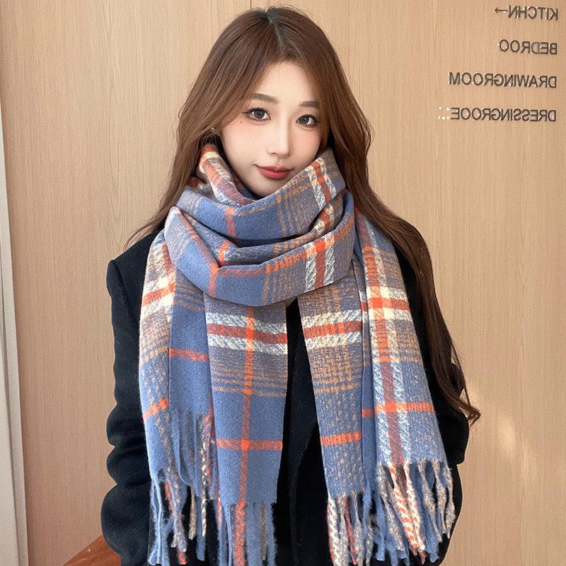 Premium Winter Korean Plaid Scarf: Warm, Thick, Red, Tassel Shawl for Women