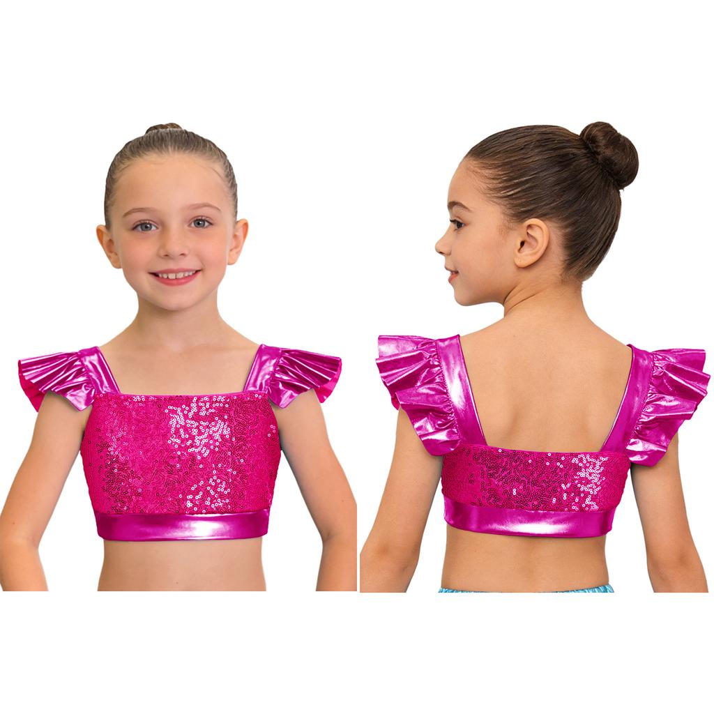 Dětské dívčí topy na jazzový tanec Čtvercový výstřih Volánkové rukávy Třpytivý flitrovaný metalický crop top